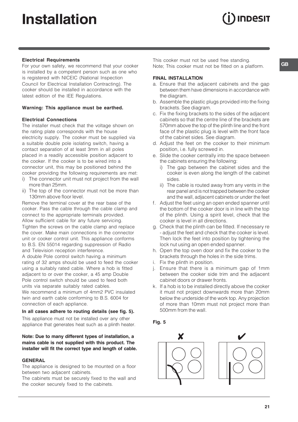 Installation | Indesit FIMU23WH User Manual | Page 21 / 28