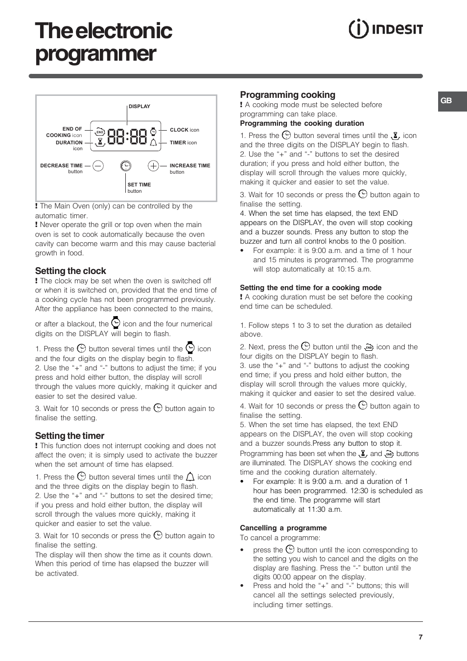 The electronic programmer, Setting the clock, Setting the timer | Programming cooking | Indesit FIMU23WH User Manual | Page 7 / 28