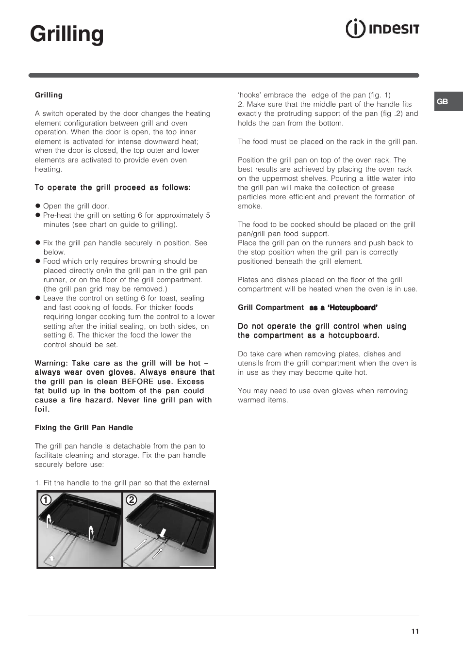 Grilling | Indesit IT50CWS User Manual | Page 11 / 24
