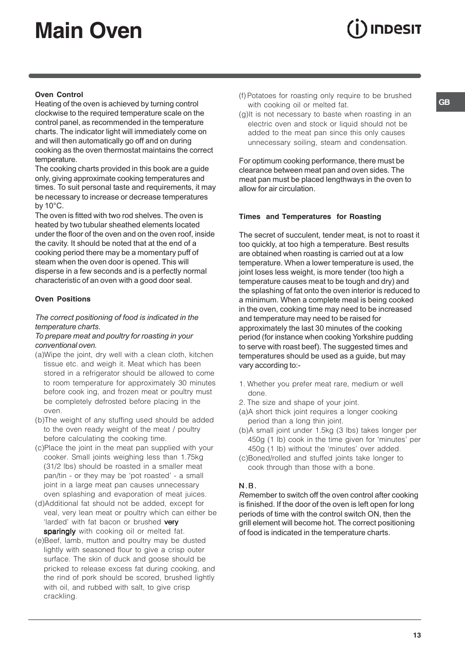 Main oven | Indesit IT50CWS User Manual | Page 13 / 24