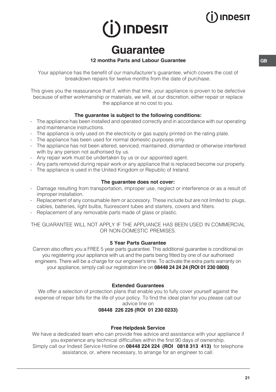 Guarantee | Indesit IT50CWS User Manual | Page 21 / 24