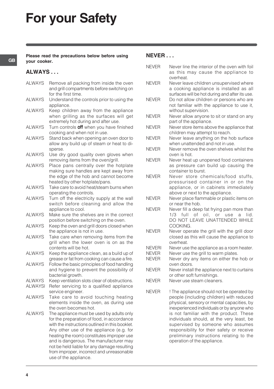 For your safety, Always, Never | Indesit IT50CWS User Manual | Page 4 / 24