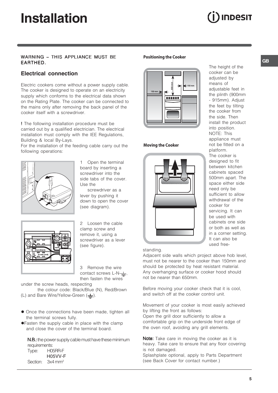 Installation, Electrical connection | Indesit IT50CWS User Manual | Page 5 / 24