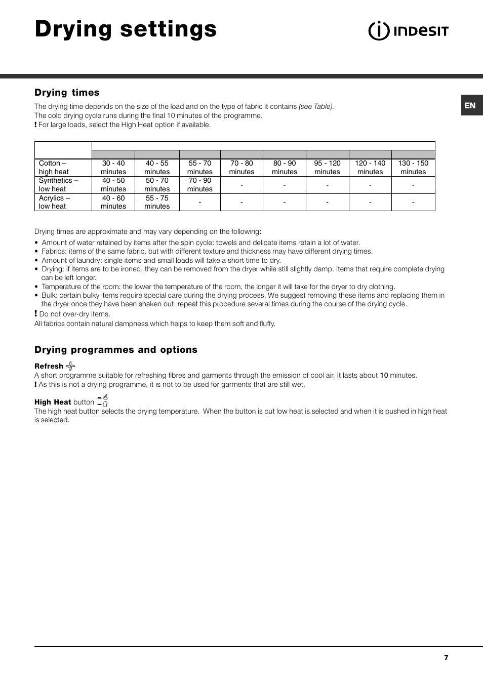 Drying settings, Drying times, Drying programmes and options | Indesit IDC85 User Manual | Page 7 / 16