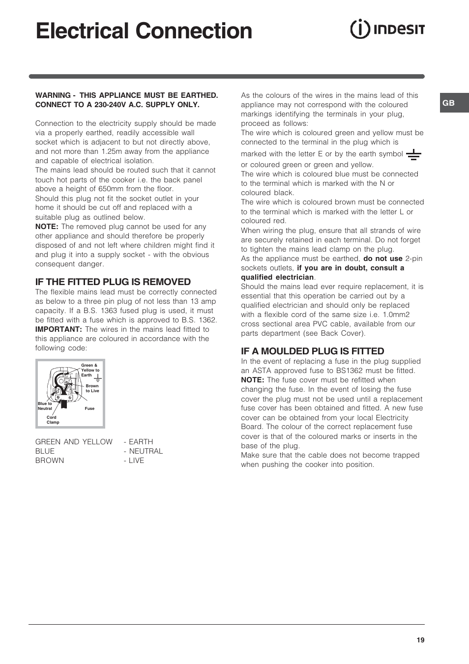 Electrical connection, If the fitted plug is removed, If a moulded plug is fitted | Indesit KD6G25SAIR User Manual | Page 19 / 24