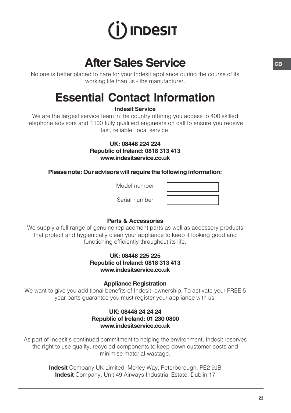 After sales service, Essential contact information | Indesit KD6G25SAIR User Manual | Page 23 / 24
