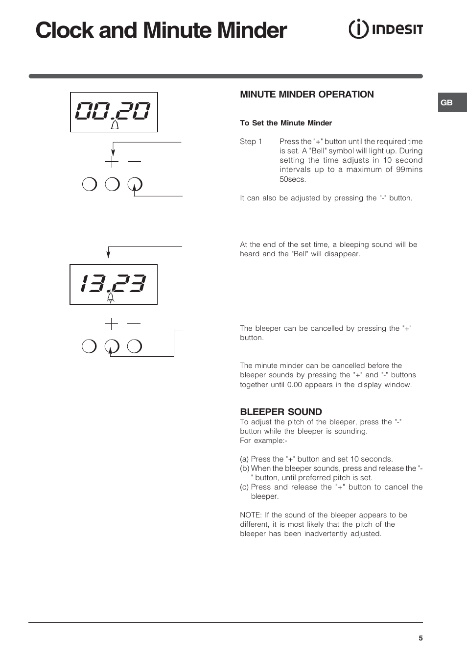 Clock and minute minder | Indesit KD6G25SAIR User Manual | Page 5 / 24