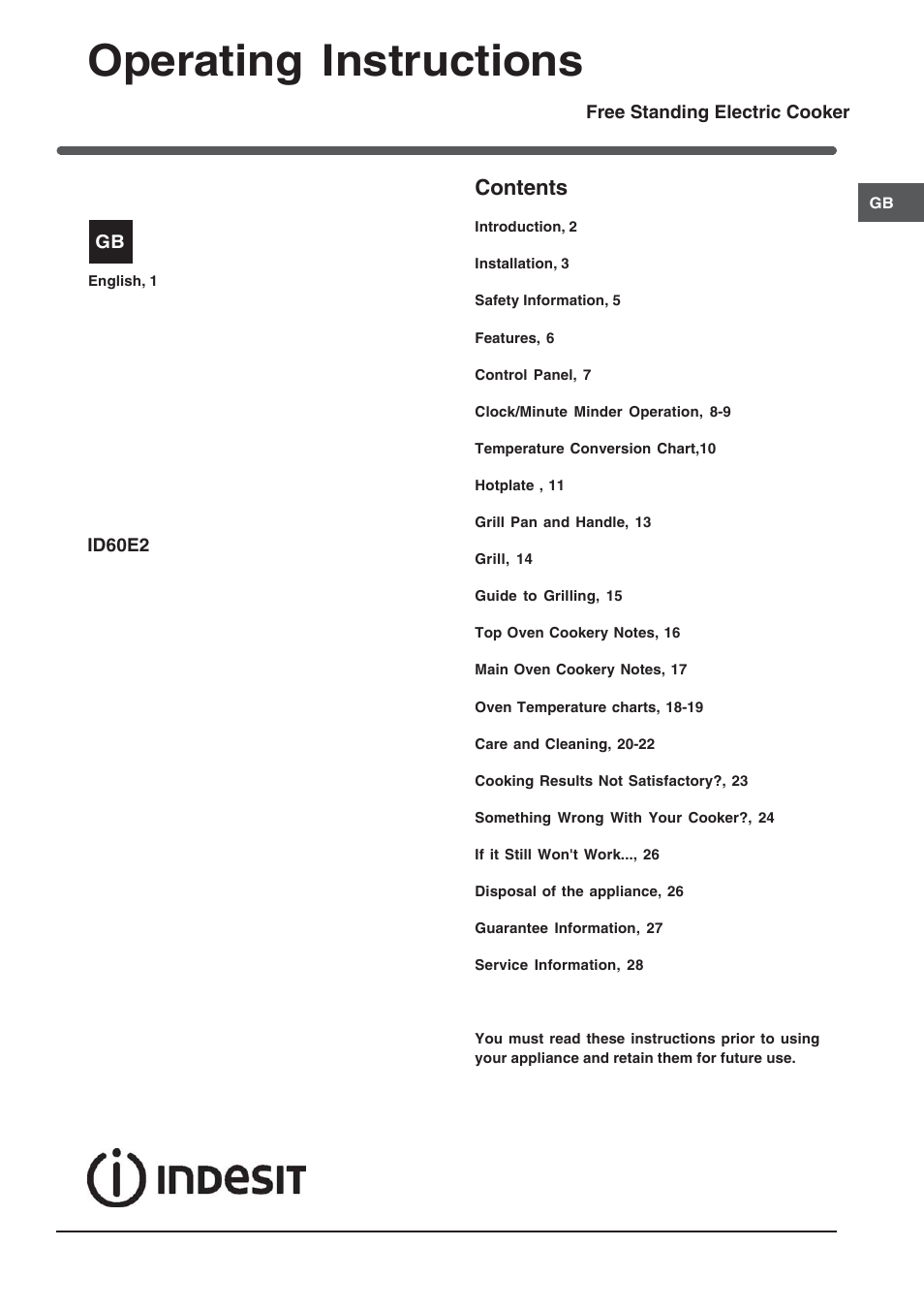 Indesit ID60E2W User Manual | 28 pages