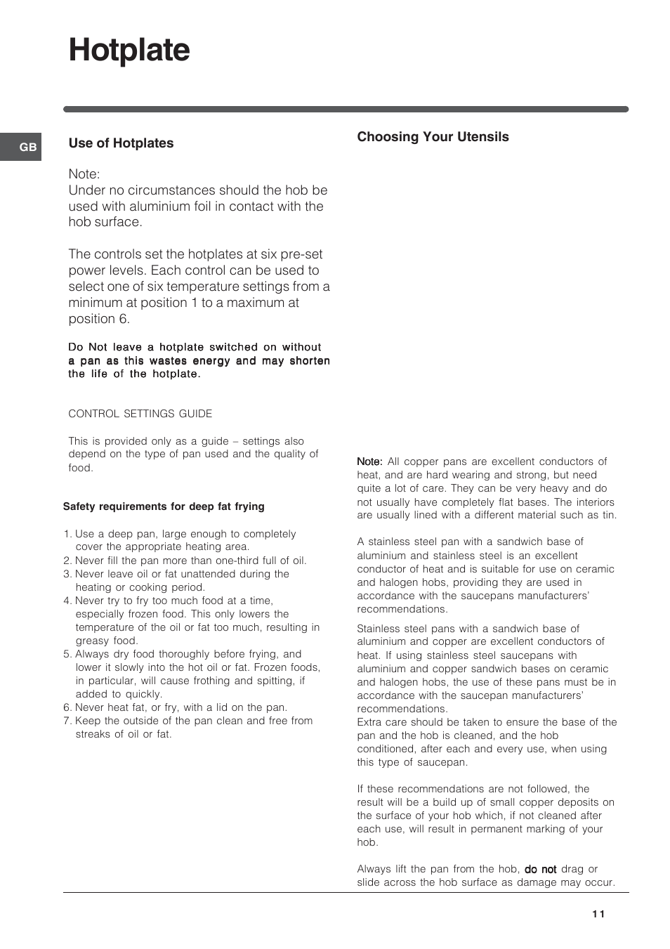 Hotplate | Indesit ID60E2W User Manual | Page 11 / 28