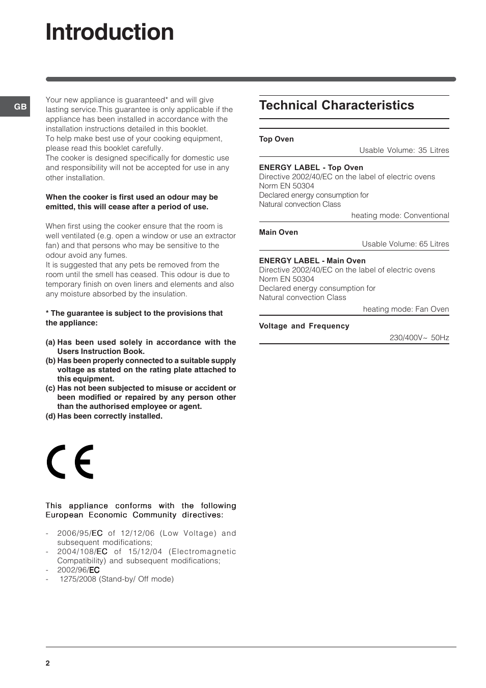 Introduction, Technical characteristics | Indesit ID60E2W User Manual | Page 2 / 28