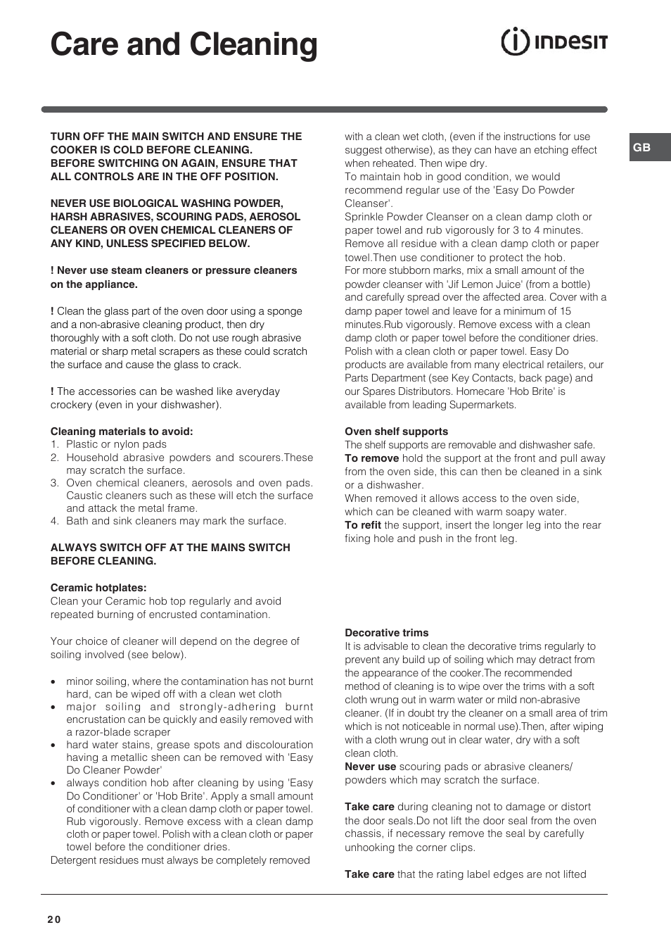 Care and cleaning | Indesit ID60E2W User Manual | Page 20 / 28