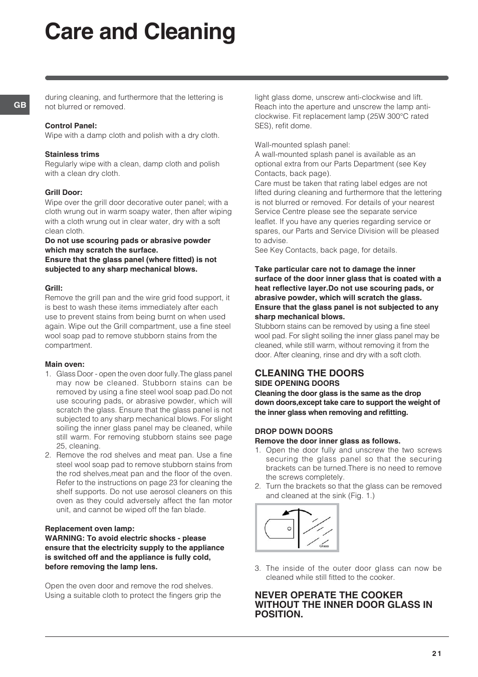 Care and cleaning | Indesit ID60E2W User Manual | Page 21 / 28