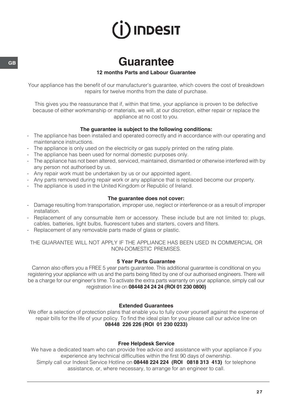 Guarantee | Indesit ID60E2W User Manual | Page 27 / 28