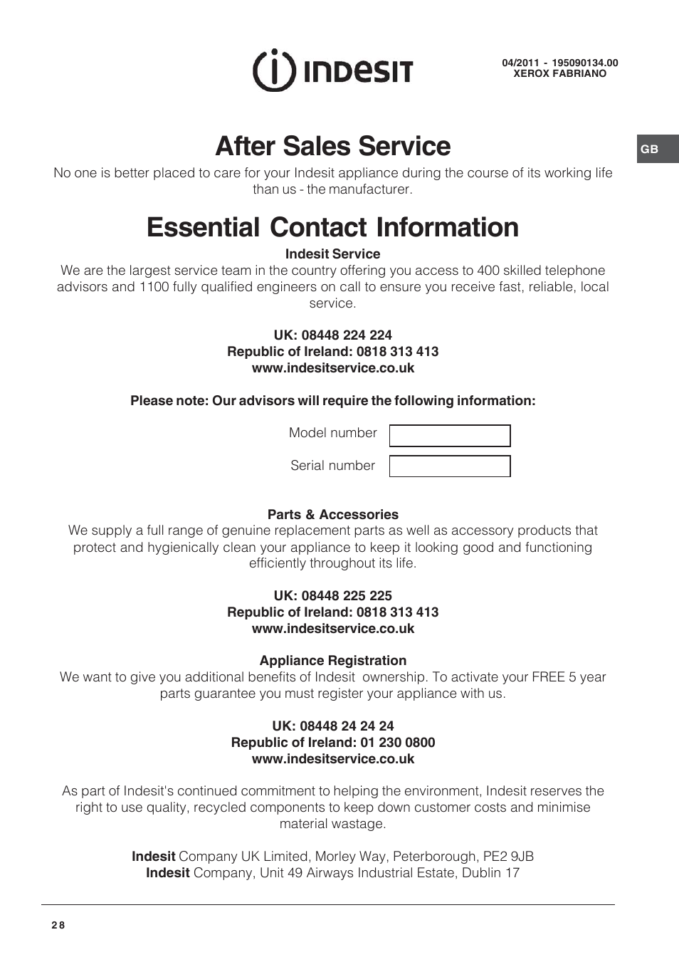 After sales service, Essential contact information | Indesit ID60E2W User Manual | Page 28 / 28