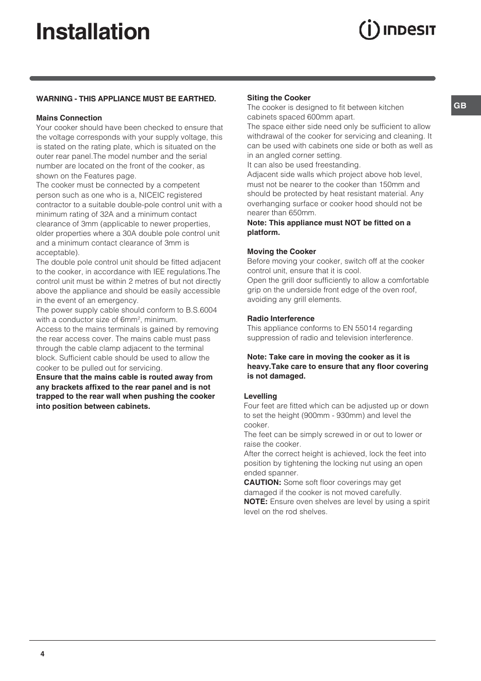 Installation | Indesit ID60E2W User Manual | Page 4 / 28