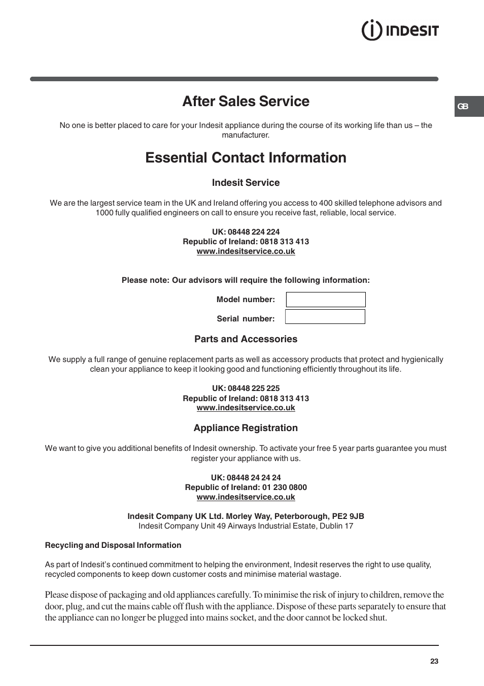 After sales service, Essential contact information | Indesit KD3G11S-G User Manual | Page 23 / 24