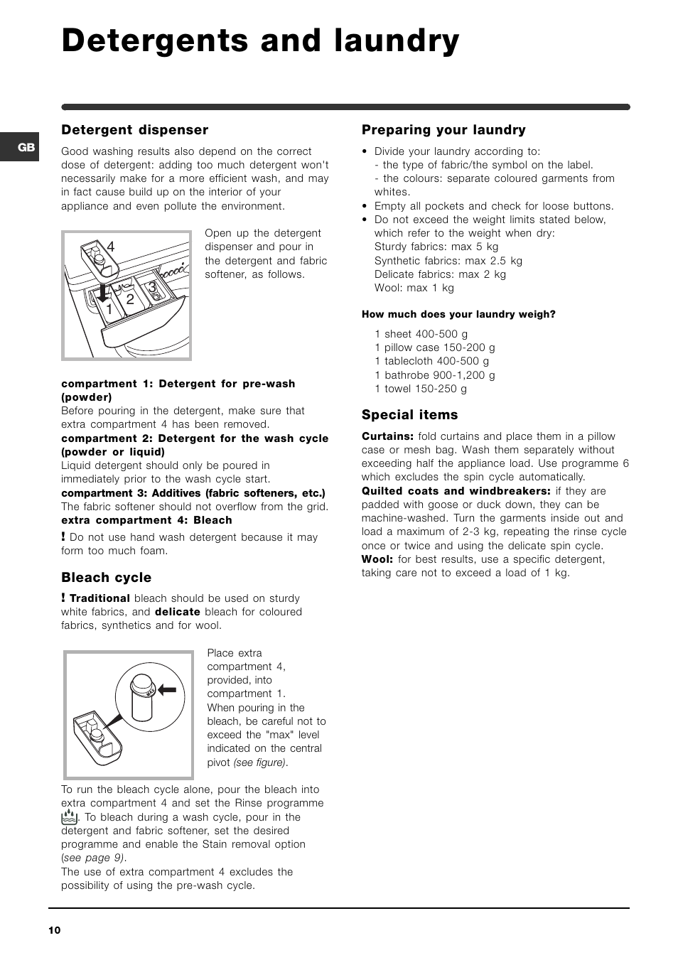 Detergents and laundry | Indesit WIDL102UK Hot & Cold Fill User Manual | Page 10 / 15