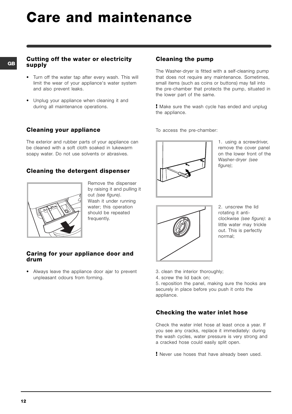 Care and maintenance | Indesit WIDL102UK Hot & Cold Fill User Manual | Page 12 / 15