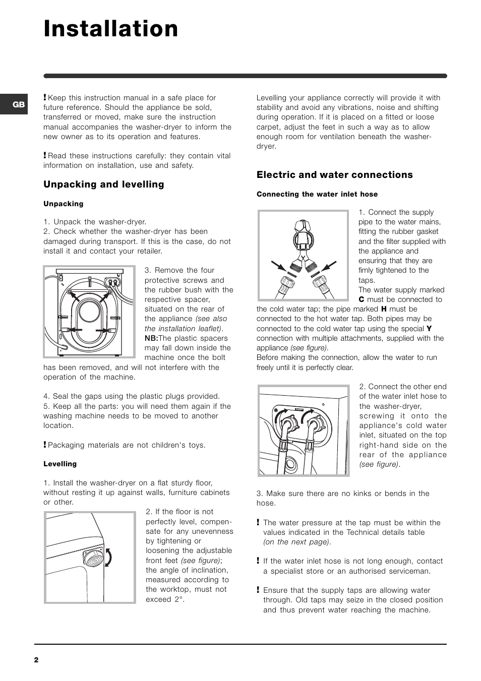 Installation, Unpacking and levelling, Electric and water connections | Indesit WIDL102UK Hot & Cold Fill User Manual | Page 2 / 15