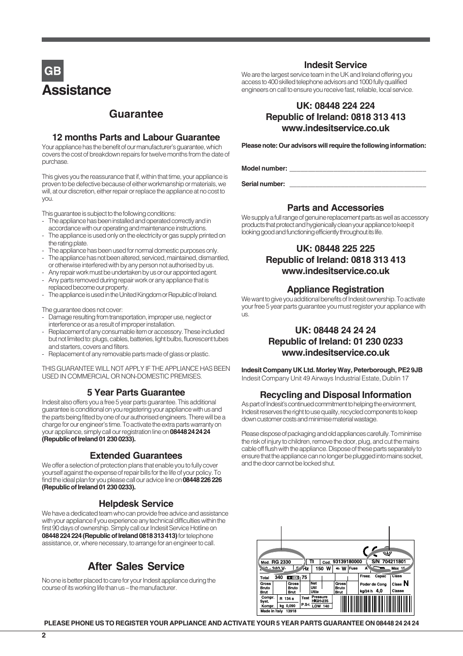 Assistance, Guarantee, After sales service | Indesit service, Parts and accessories, Recycling and disposal information, 12 months parts and labour guarantee, 5 year parts guarantee, Extended guarantees, Helpdesk service | Indesit BIAAA12UK User Manual | Page 2 / 12