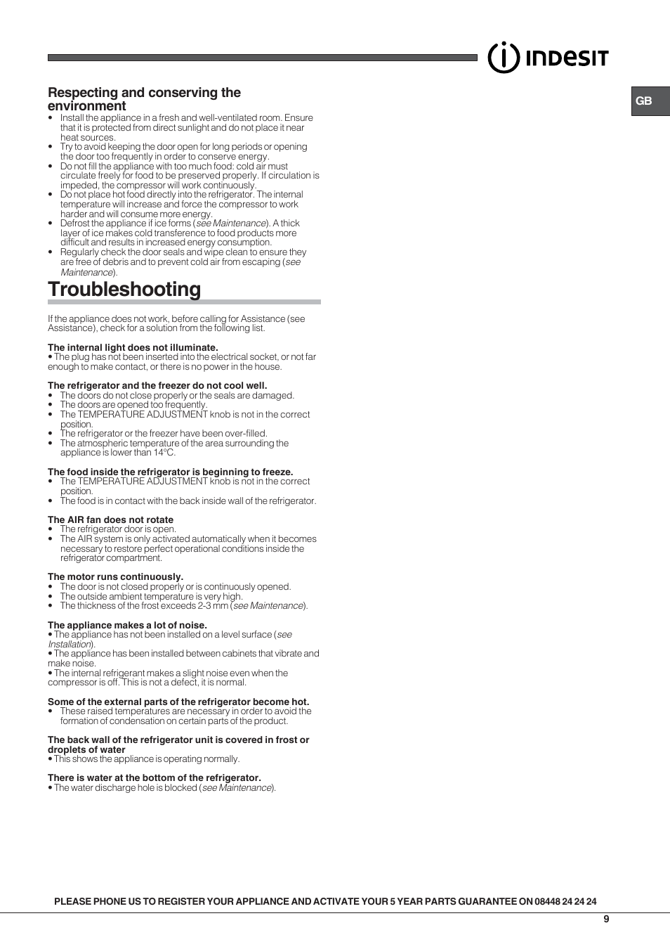 Troubleshooting, Respecting and conserving the environment | Indesit BIAAA12UK User Manual | Page 9 / 12