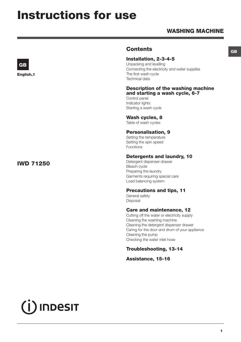 Indesit IWD71250SUK User Manual | 16 pages