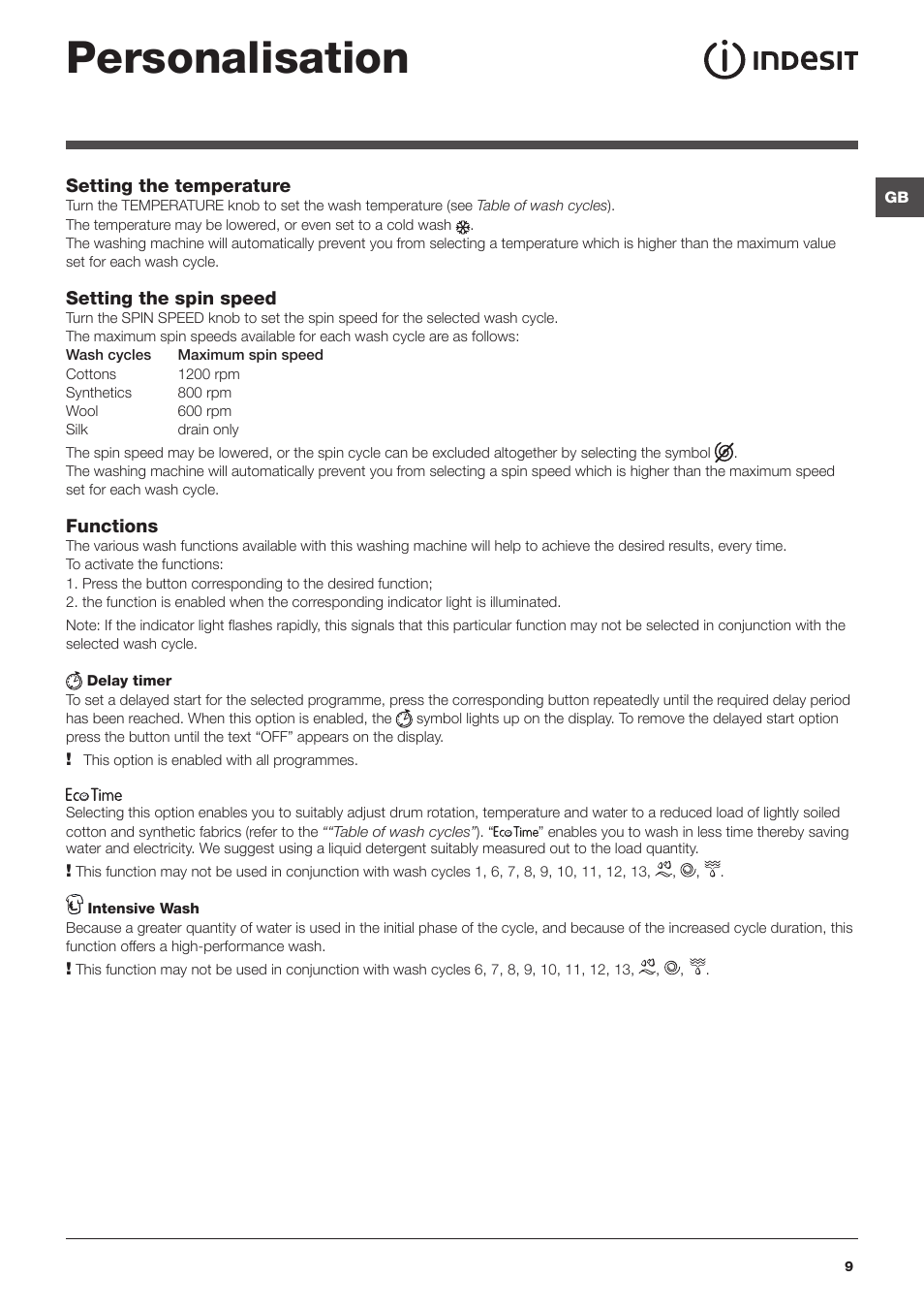 Personalisation | Indesit IWD71250SUK User Manual | Page 9 / 16