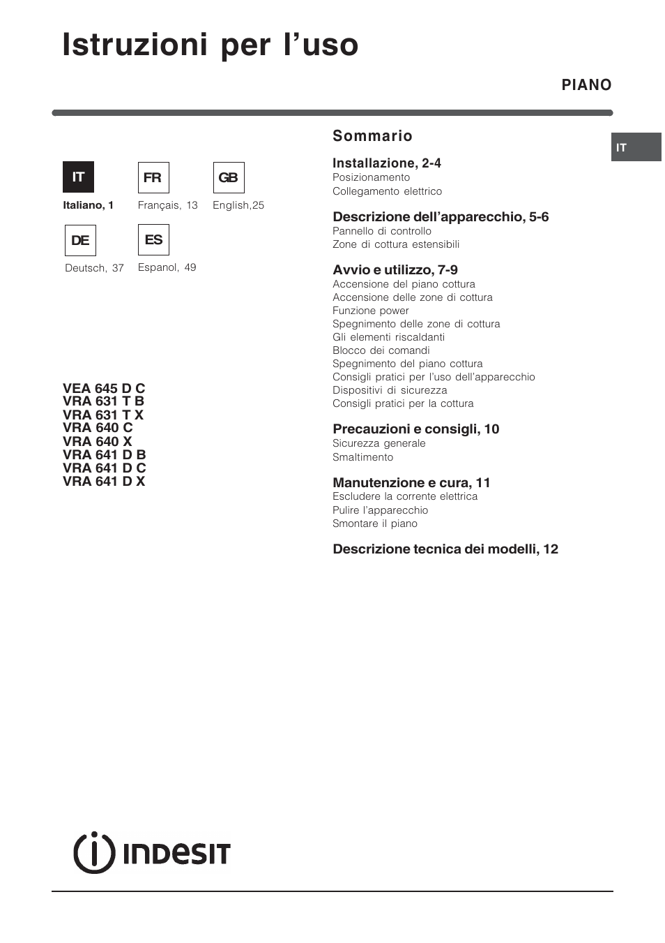 Indesit VRA640C – for models from 30 Nov 2009 User Manual | 60 pages