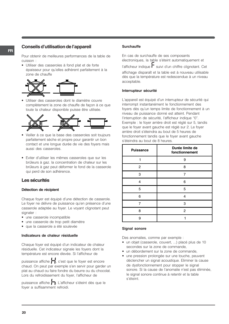 Conseils dutilisation de lappareil, Les sécurités | Indesit VRA640C – for models from 30 Nov 2009 User Manual | Page 20 / 60