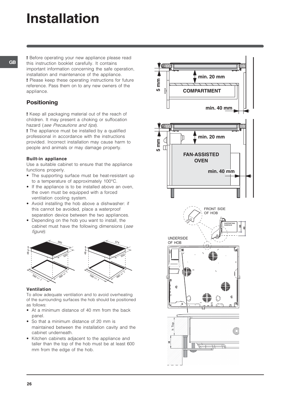 Installation, Positioning | Indesit VRA640C – for models from 30 Nov 2009 User Manual | Page 26 / 60