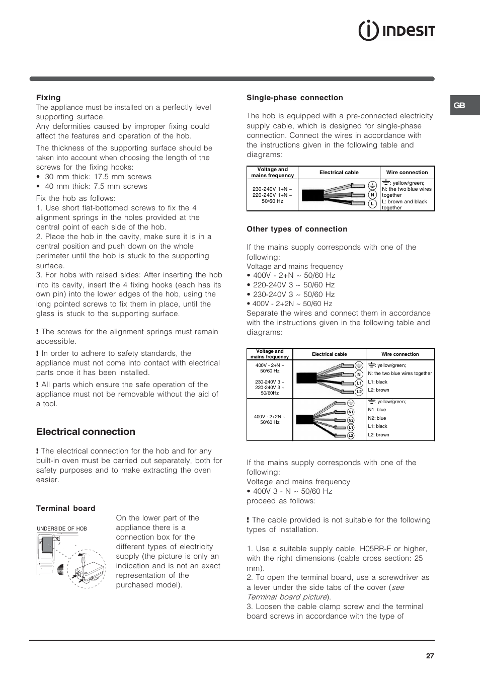 Electrical connection | Indesit VRA640C – for models from 30 Nov 2009 User Manual | Page 27 / 60