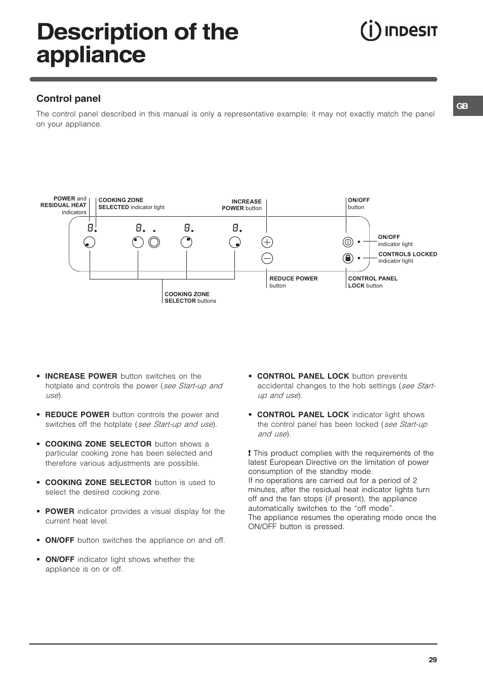 Description of the appliance, Control panel | Indesit VRA640C – for models from 30 Nov 2009 User Manual | Page 29 / 60