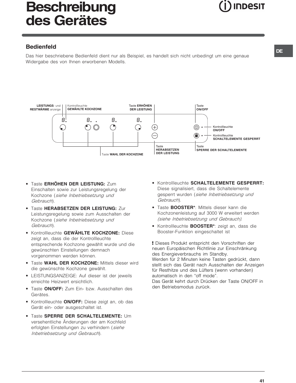 Beschreibung des gerätes, Bedienfeld | Indesit VRA640C – for models from 30 Nov 2009 User Manual | Page 41 / 60