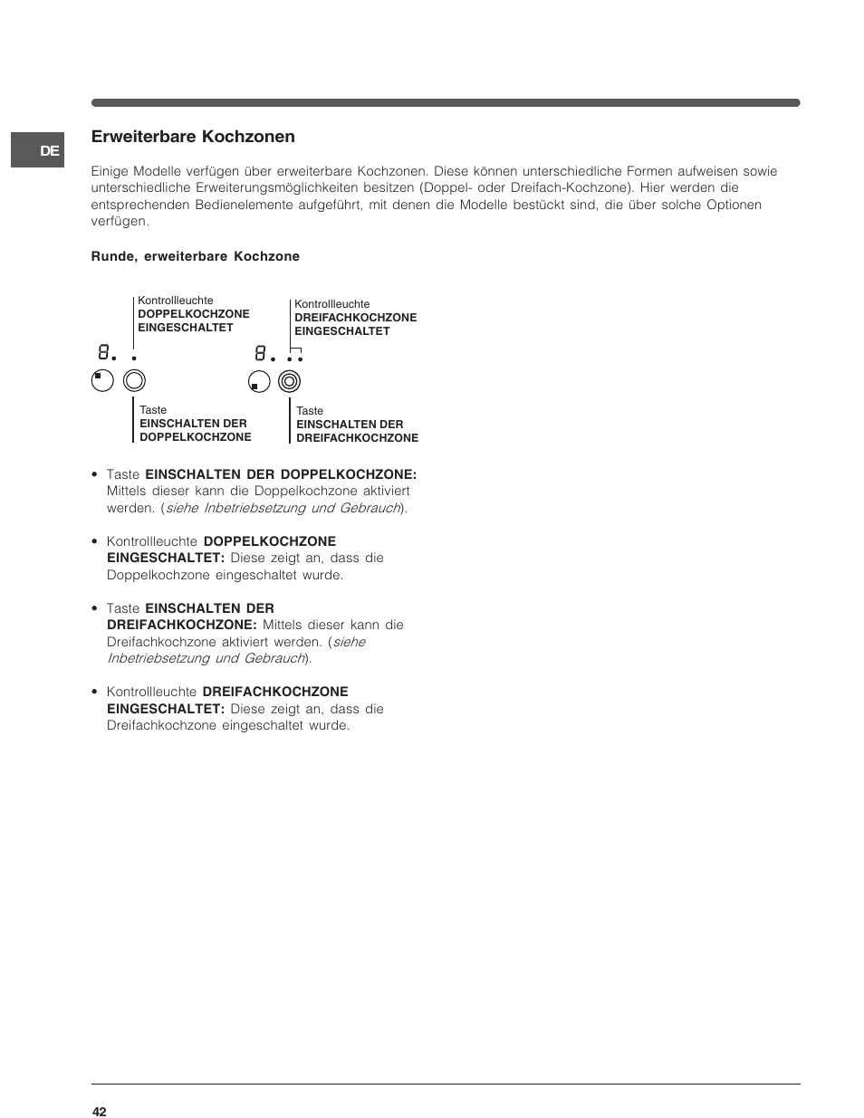 Erweiterbare kochzonen | Indesit VRA640C – for models from 30 Nov 2009 User Manual | Page 42 / 60