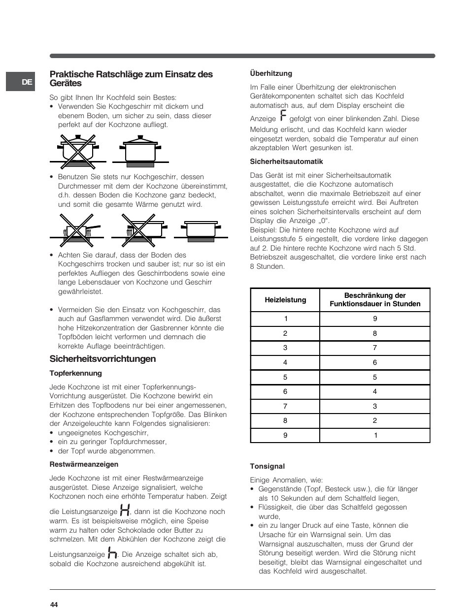 Praktische ratschläge zum einsatz des gerätes, Sicherheitsvorrichtungen | Indesit VRA640C – for models from 30 Nov 2009 User Manual | Page 44 / 60