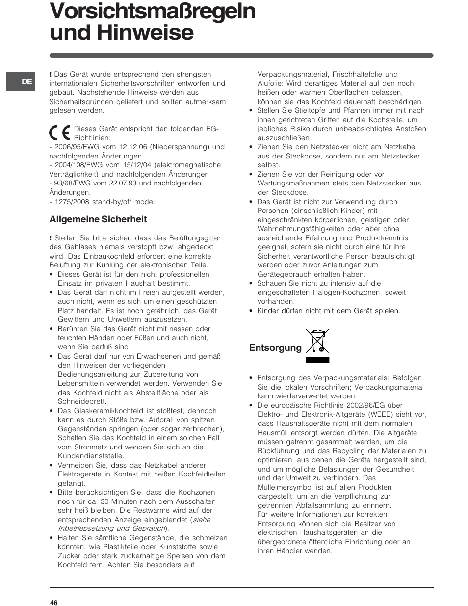 Vorsichtsmaßregeln und hinweise | Indesit VRA640C – for models from 30 Nov 2009 User Manual | Page 46 / 60