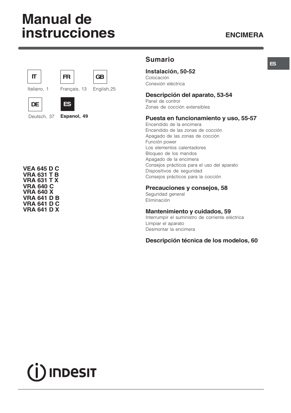 Manual de instrucciones, Sumario, Encimera | Indesit VRA640C – for models from 30 Nov 2009 User Manual | Page 49 / 60