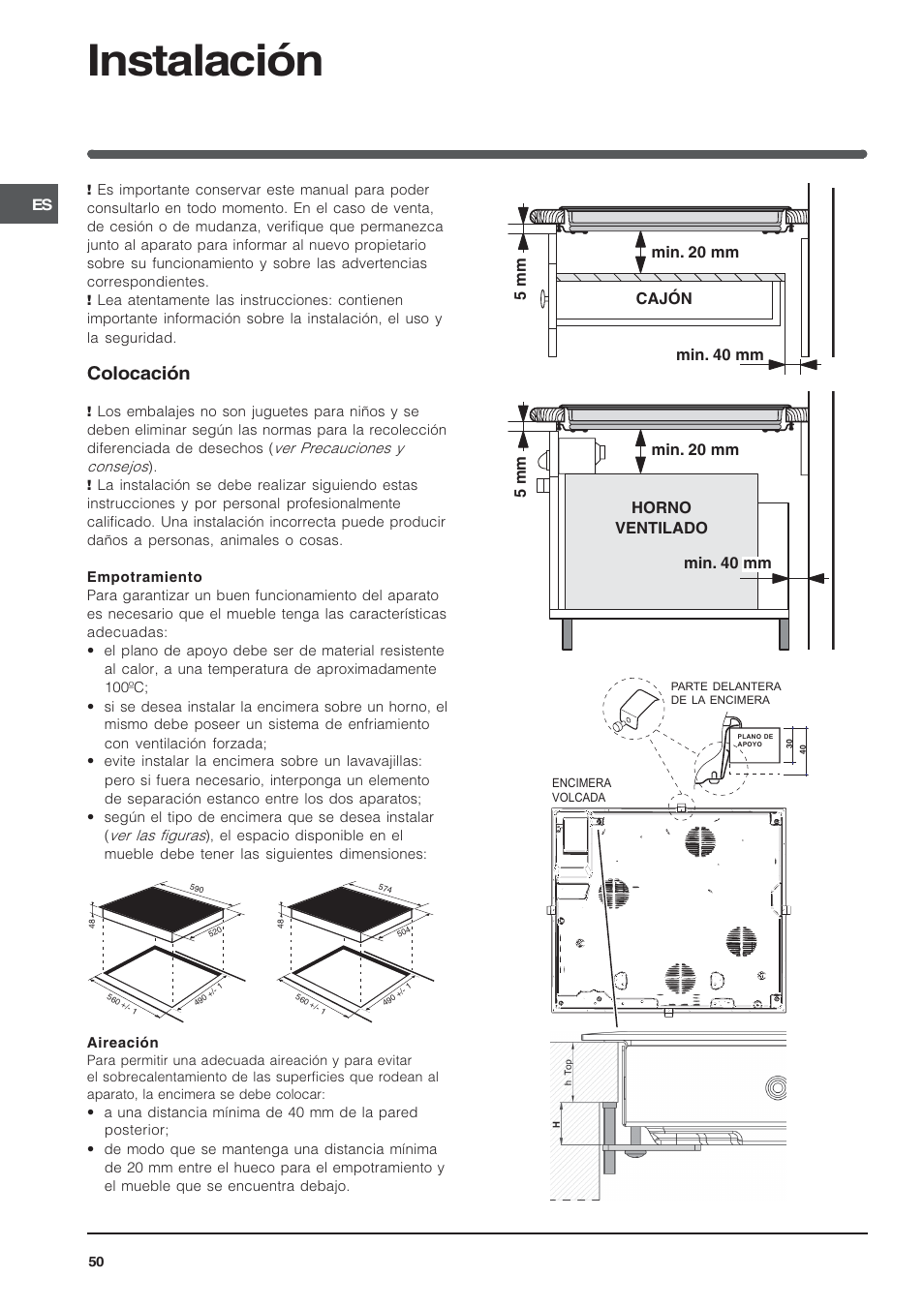 Instalación, Colocación | Indesit VRA640C – for models from 30 Nov 2009 User Manual | Page 50 / 60