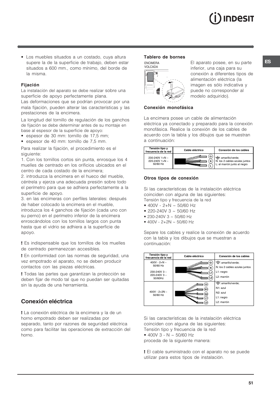 Conexión eléctrica | Indesit VRA640C – for models from 30 Nov 2009 User Manual | Page 51 / 60
