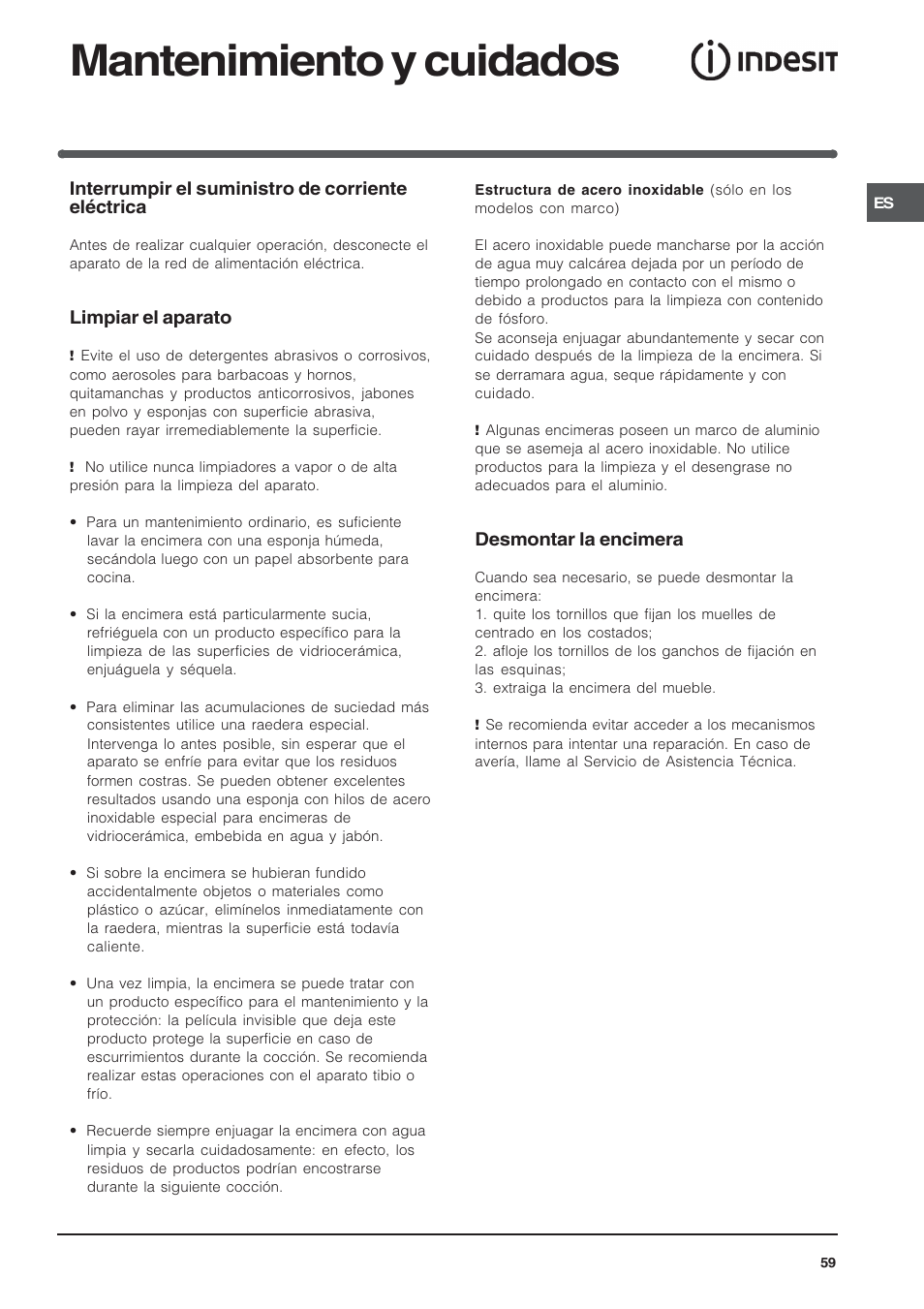 Mantenimiento y cuidados, Interrumpir el suministro de corriente eléctrica, Limpiar el aparato | Desmontar la encimera | Indesit VRA640C – for models from 30 Nov 2009 User Manual | Page 59 / 60