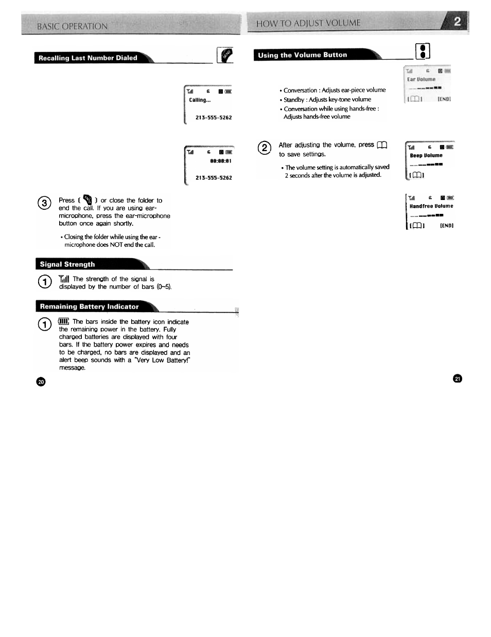 Recalling last number dialed, Using the volume button, Signal strength | Remaining battery indicator | Audiovox CDM3300 User Manual | Page 11 / 60