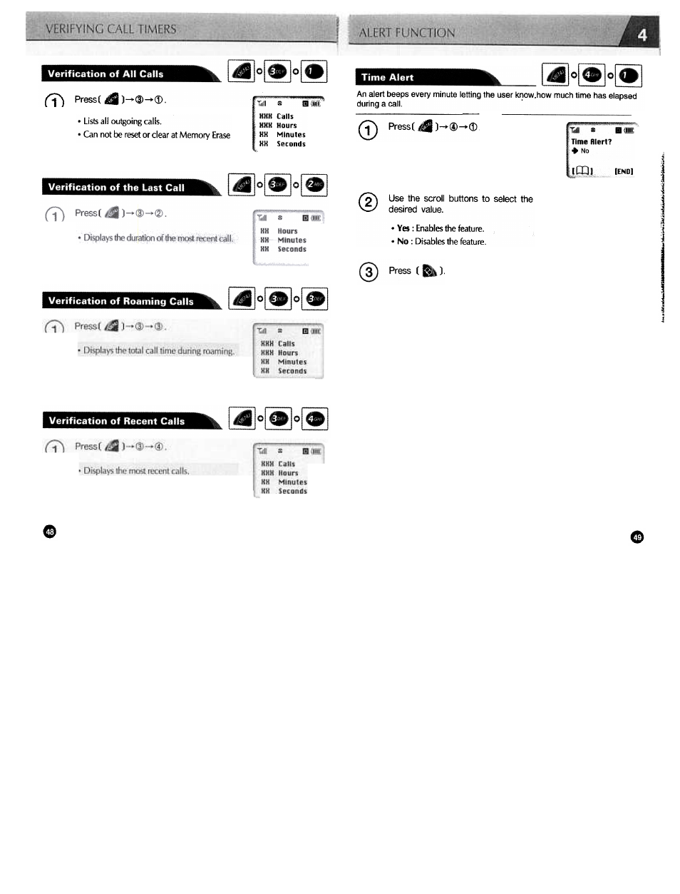 Verification of roaming calls, Verification of recent calls, Verification of all calls | Verification of the last call, Pressi | Audiovox CDM3300 User Manual | Page 25 / 60