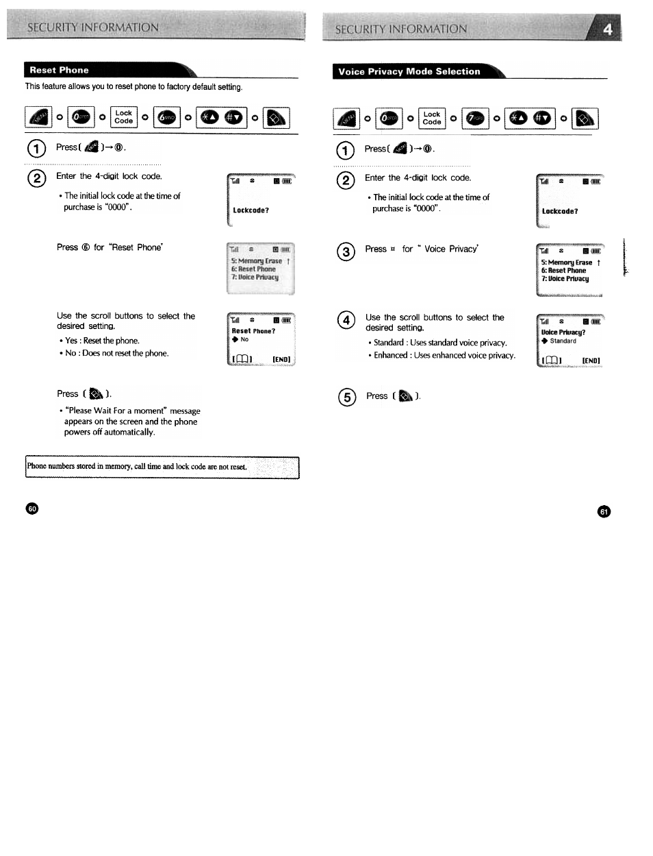 Reset phone, Voice privacy mode selection | Audiovox CDM3300 User Manual | Page 31 / 60