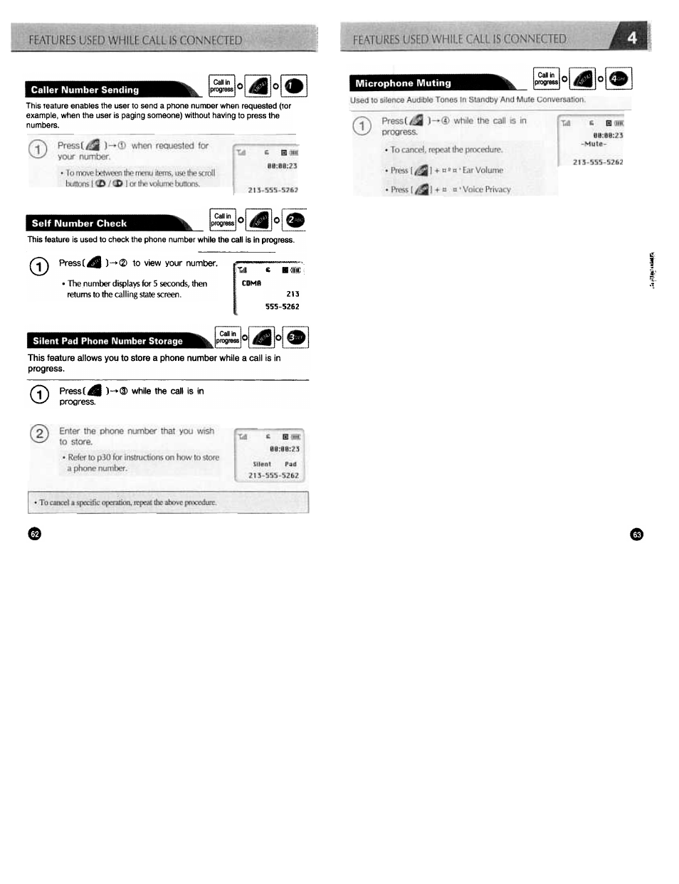 Silent pad phone number storage, Microphone muting, Silent pad phone number storage function | Matures use'и, Call is cos^nected | Audiovox CDM3300 User Manual | Page 32 / 60