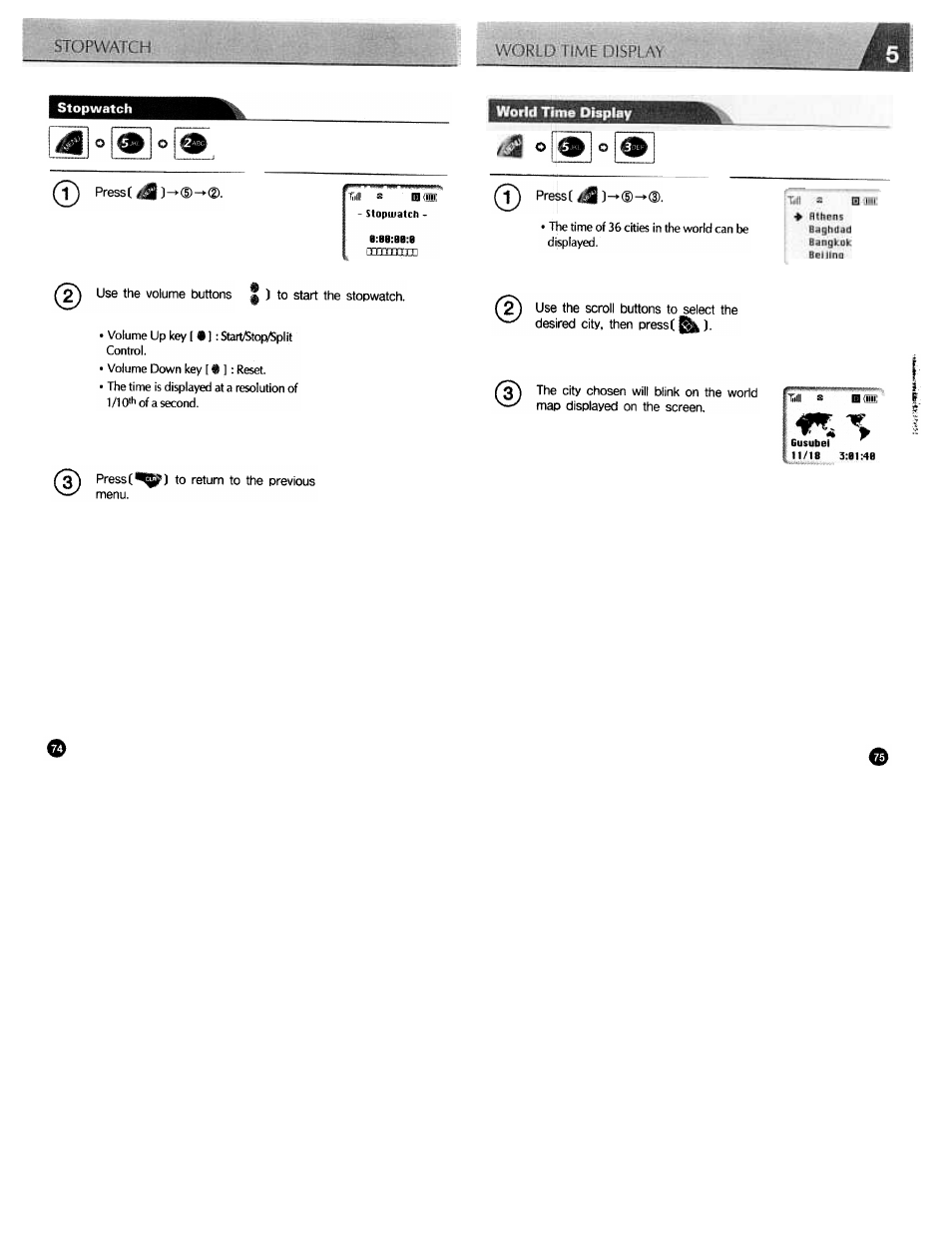 Stopwatch, Warld time diaplny | Audiovox CDM3300 User Manual | Page 38 / 60