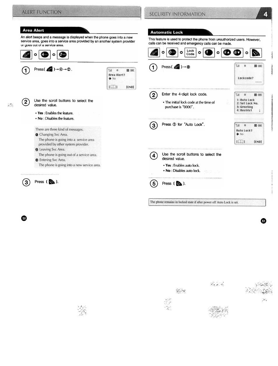 Area alert, Automatic lock, Securitv information | Audiovox CDM3300 User Manual | Page 45 / 60