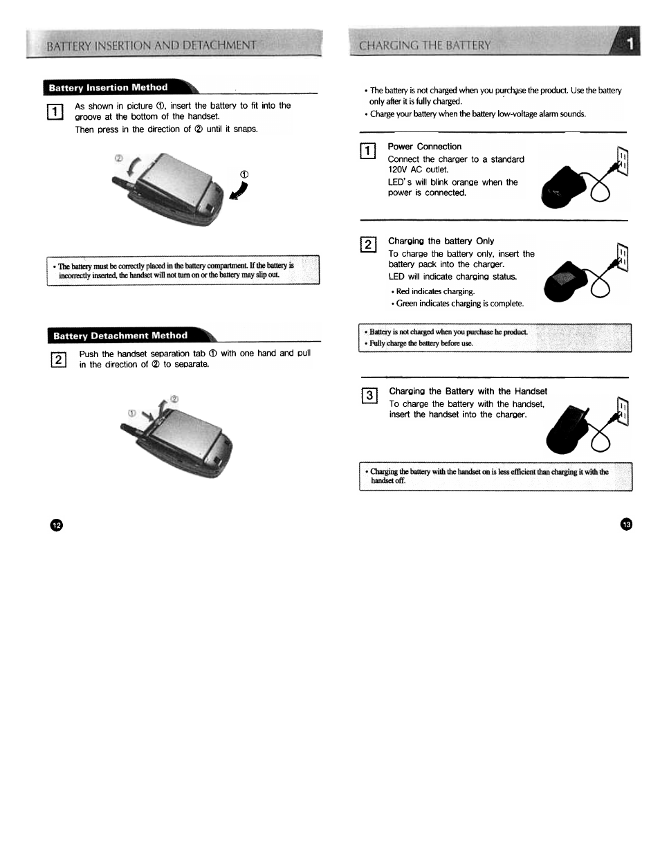 Battery insertion method, Battery detachment method | Audiovox CDM3300 User Manual | Page 7 / 60