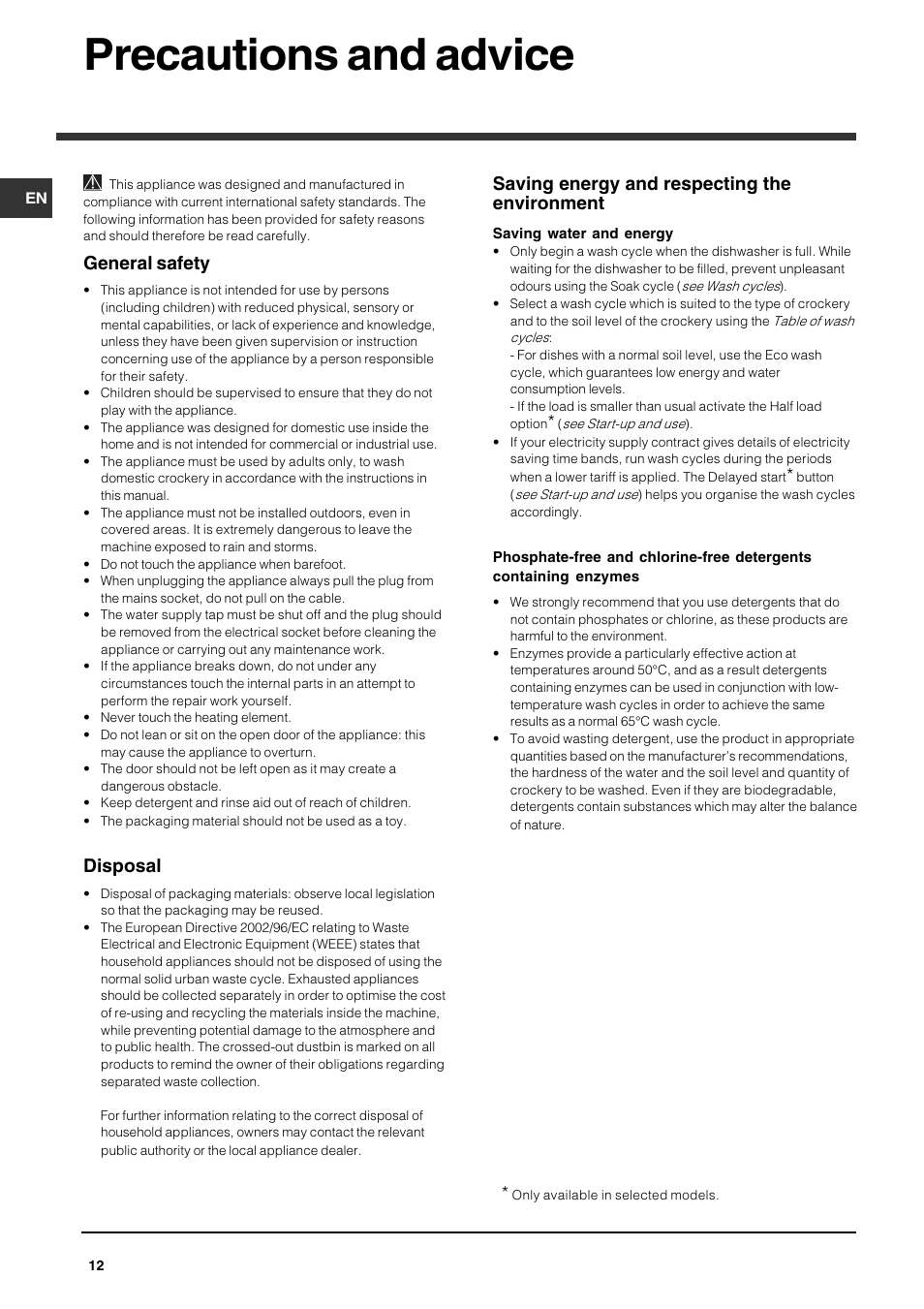Precautions and advice, General safety, Disposal | Saving energy and respecting the environment | Indesit IDP148 User Manual | Page 12 / 16