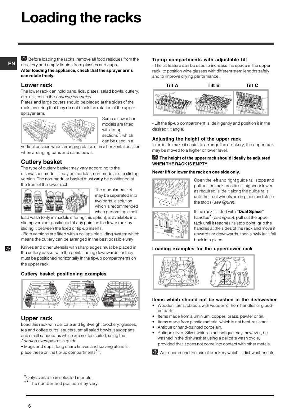 Loading the racks, Lower rack, Cutlery basket | Upper rack | Indesit IDP148 User Manual | Page 6 / 16