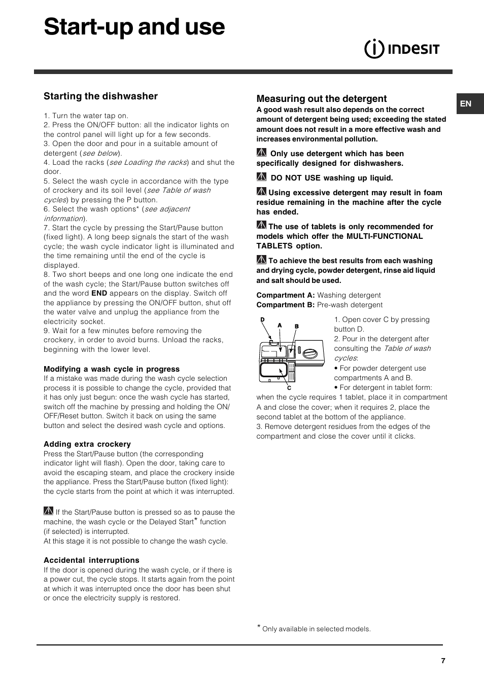 Start-up and use, Measuring out the detergent, Starting the dishwasher | Indesit IDP148 User Manual | Page 7 / 16